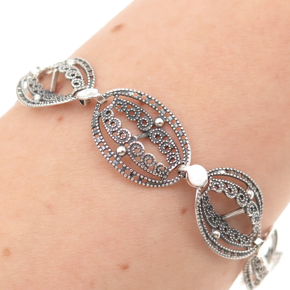 BEAU Sterling Silver Antique Art Deco Petal Filigree Oxidized Link Bracelet 7"